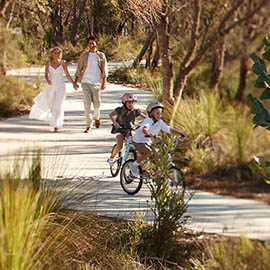 Parents watching their children ride bicycles along a tree-lined path